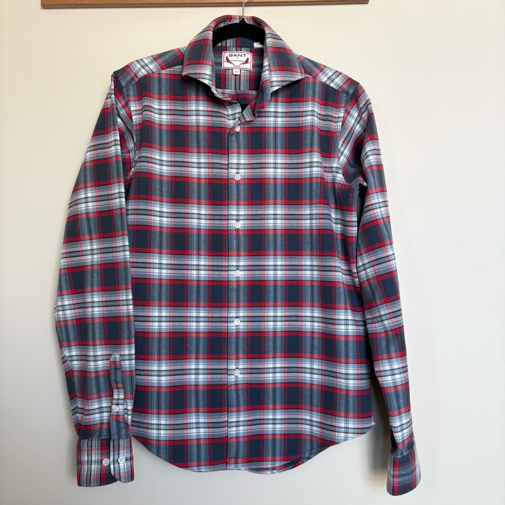 GANT Michael Bastian Plaid Flannel Shirt, Red Blue-Gray Cotton Button Up Men’s M
